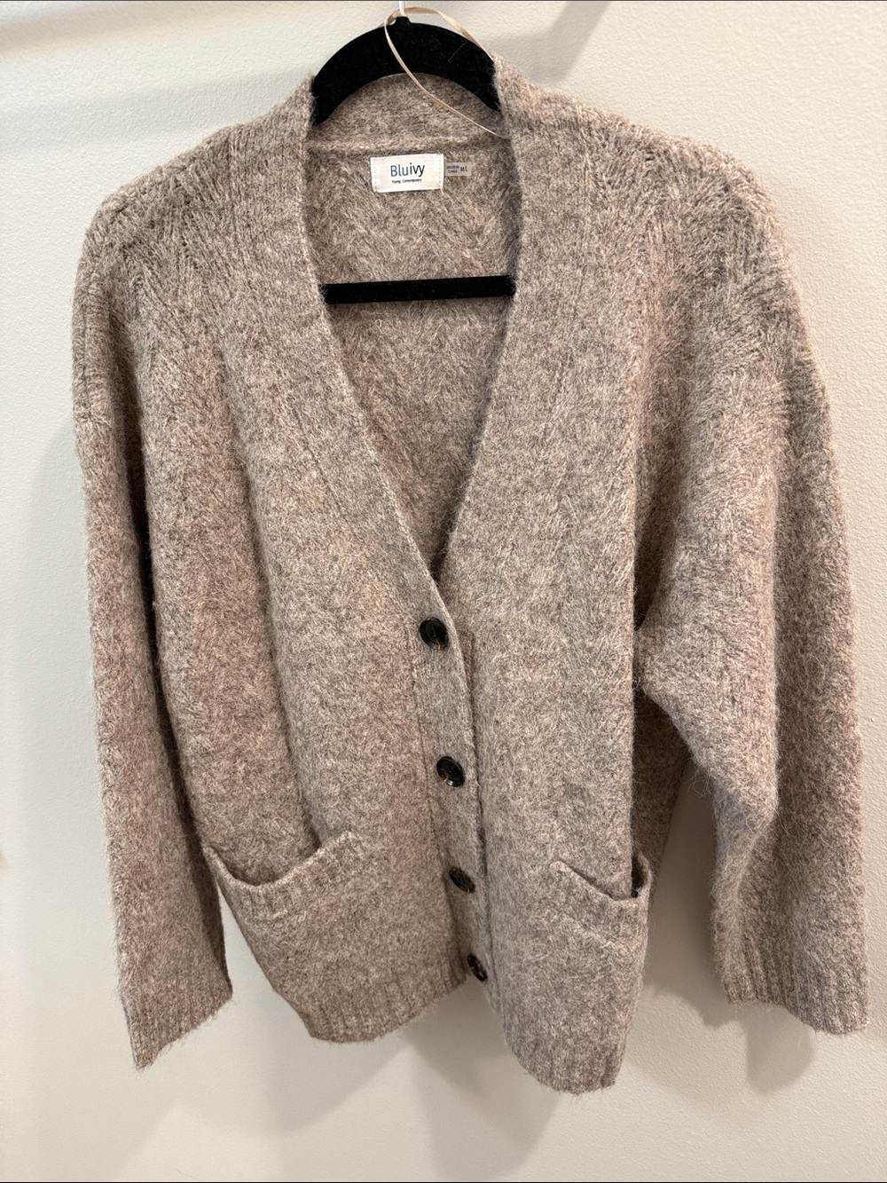 Bluivy Neutral Taupe Fuzzy V-Neck Button Cardigan
